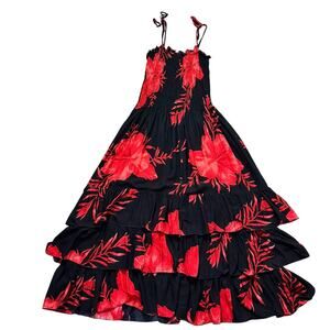 Hibiscus Collection Hawaii Maxi Dress OS Red Black Floral Tiered Smocked Flowy